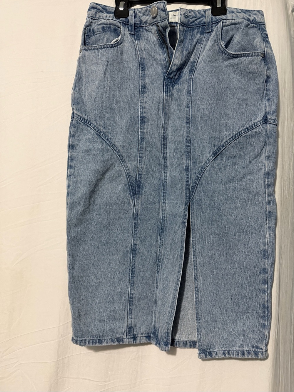 Light Wash Denim Midi Skirt with Front Slit